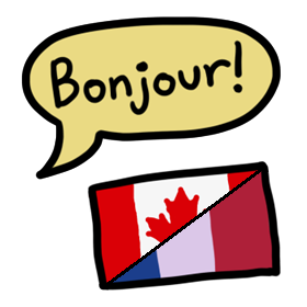  A yellow speech bubble reading 'Bonjour!' over a flag which is divided diagonally so that the upper left half is the Canadian flag, and the lower right half is the French flag.